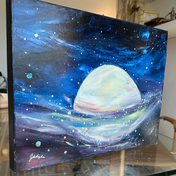 Original Art! Blue and White Moonlit Space Galaxy Canvas Art - Picture 4 of 6